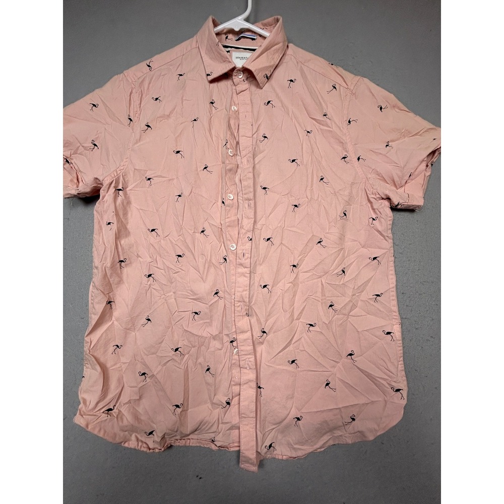 Denim & Flower Shirt Cotton Pink Flamingo Large Mens